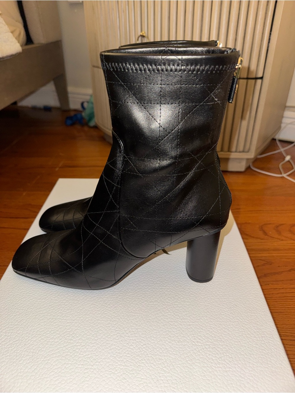 Dior Black Quilted Leather Ankle Booties with Block Heel